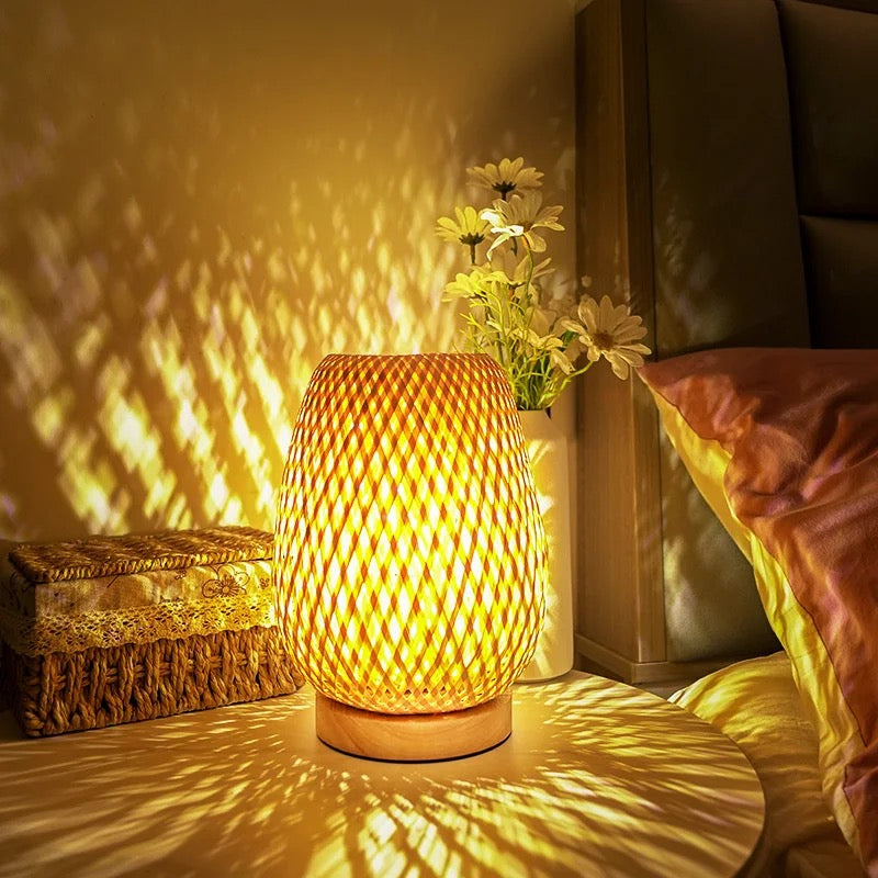 Woven Bamboo Table Lamp with Light Pattern Effect