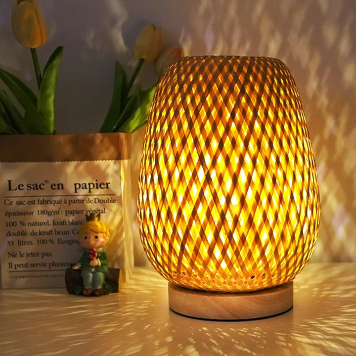 Woven Bamboo Table Lamp with Light Pattern Effect