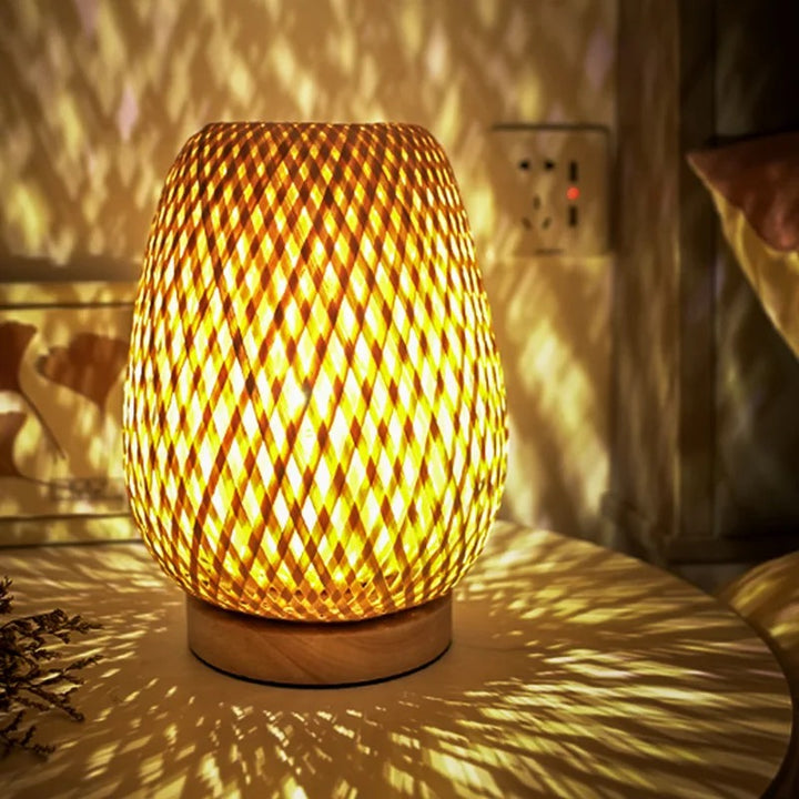 Woven Bamboo Table Lamp with Light Pattern Effect