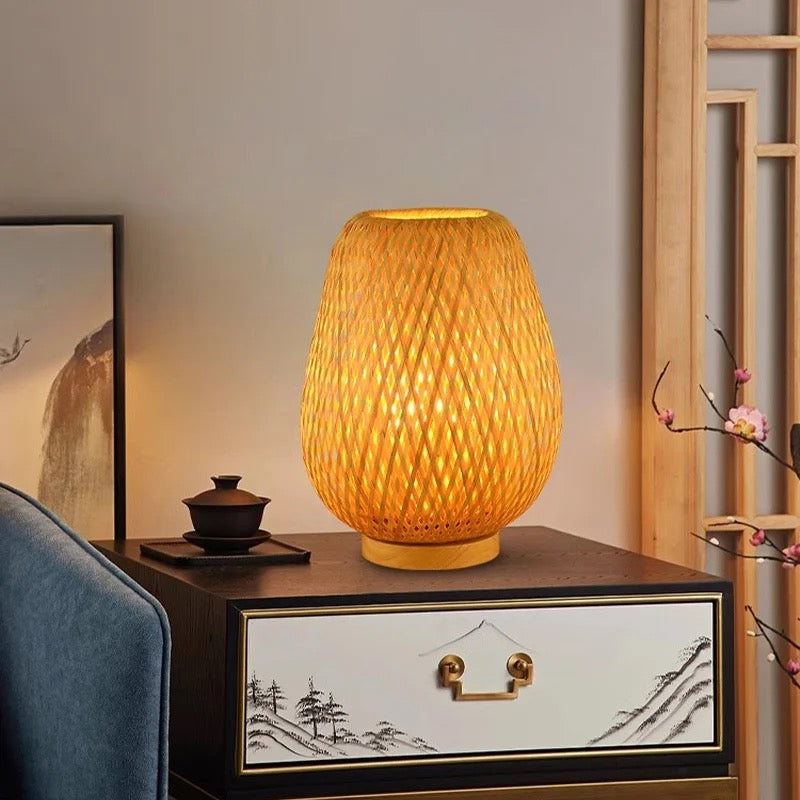 Woven Bamboo Table Lamp with Light Pattern Effect