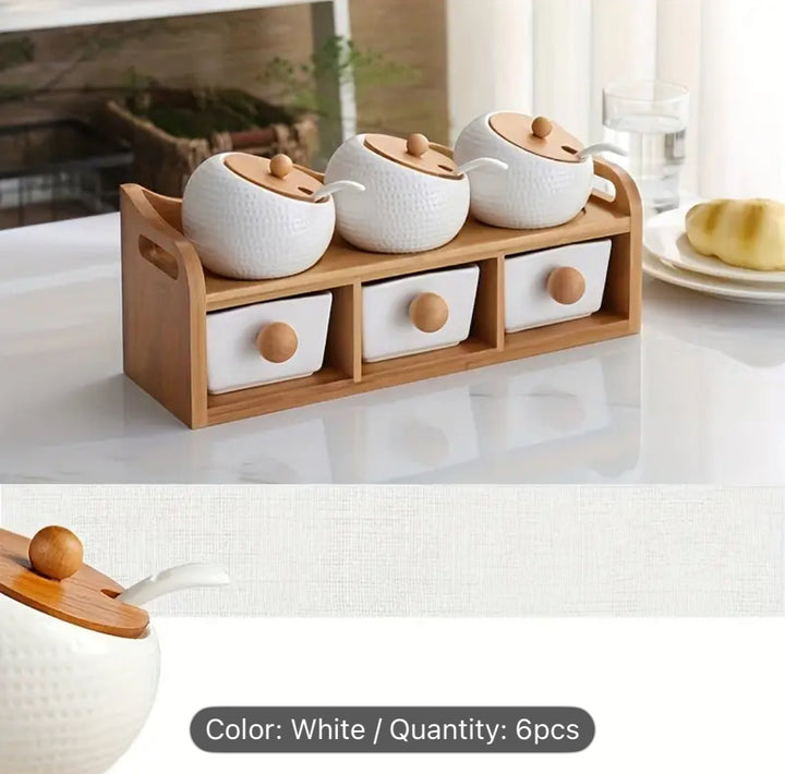 Ceramic Spice Jar Set with Bamboo Rack