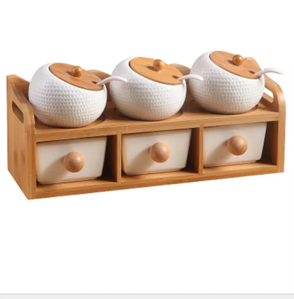 Ceramic Spice Jar Set with Bamboo Rack
