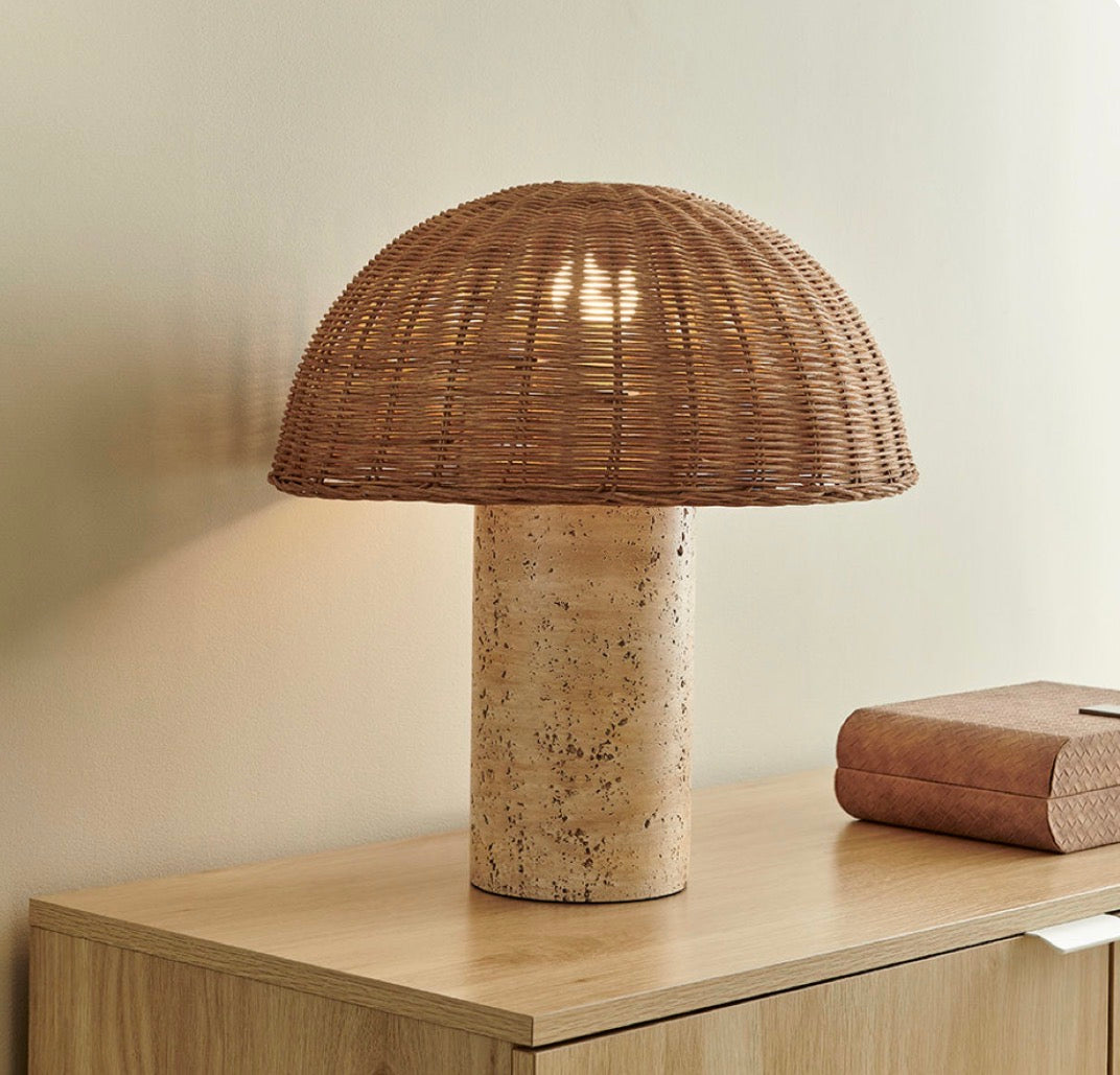 Natural Rattan Dome Table Lamp with Marble Base