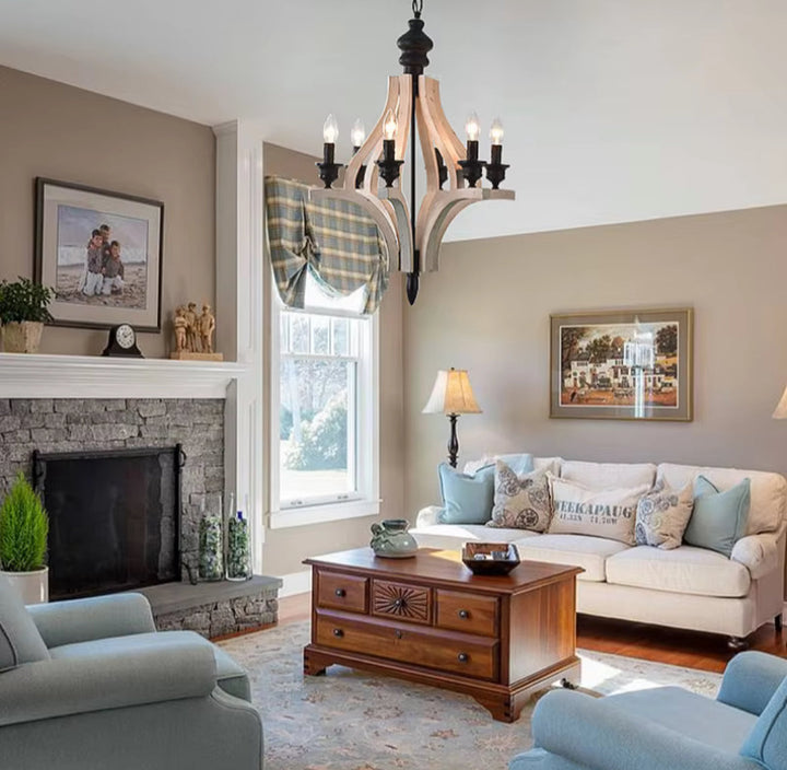 Rustic Wood and Black Metal Chandelier