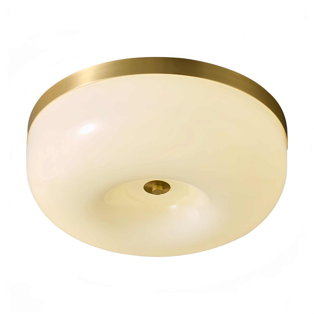 Modern round flush ceiling light with gold rim and soft diffused lighting