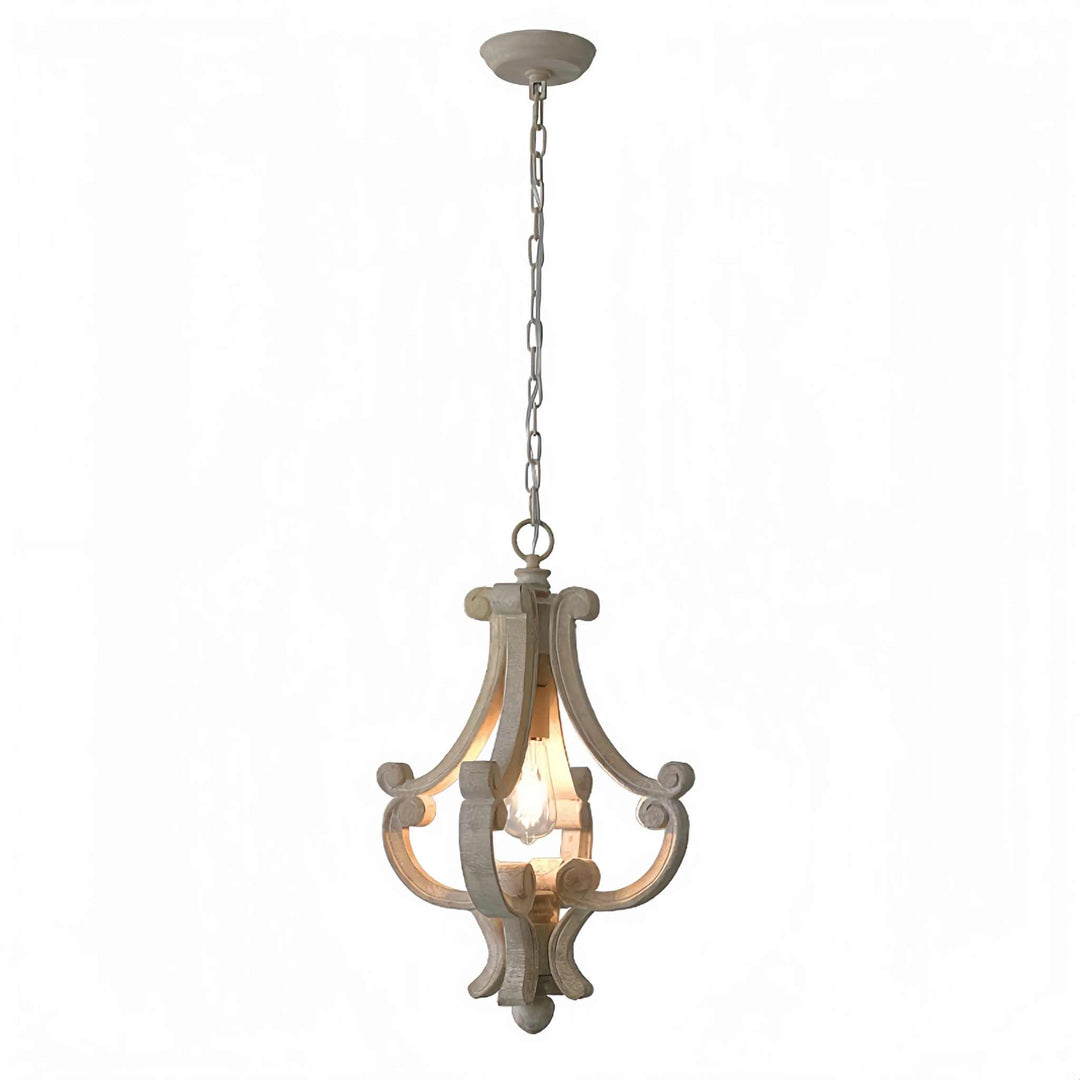 Rustic wooden pendant light with carved frame and open lantern design for farmhouse decor