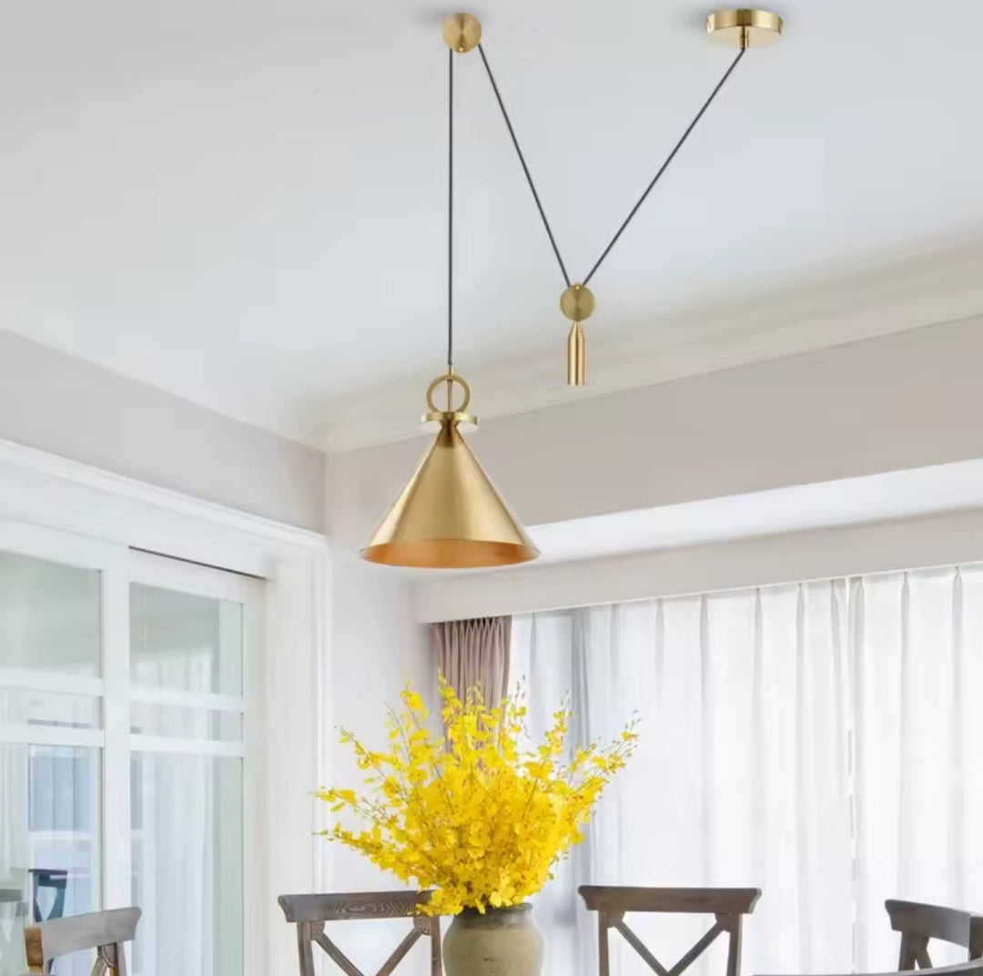 Adjustable Brass Cone Pendant Light with adjustable weight