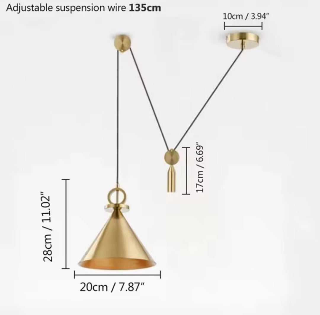 Adjustable Brass Cone Pendant Light with adjustable weight