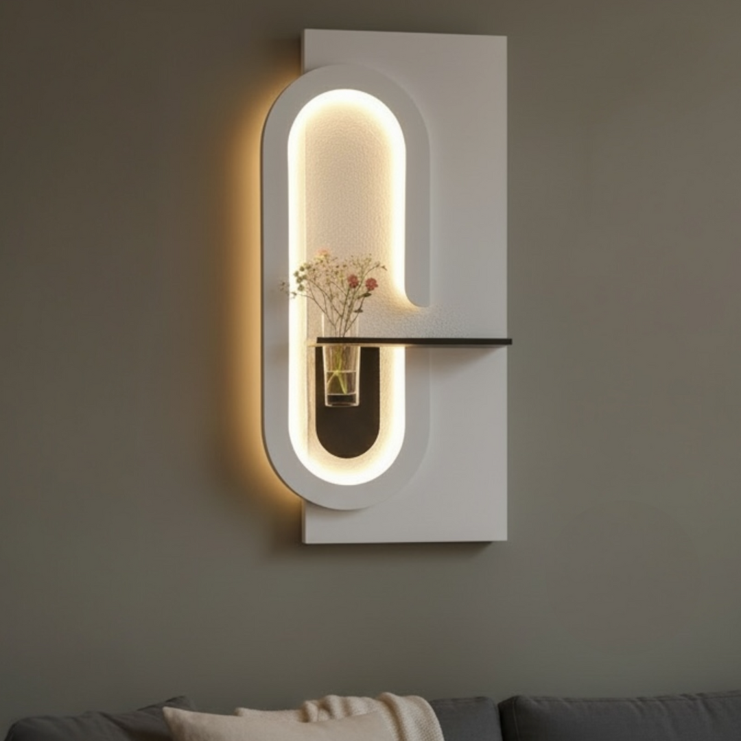 Modern wall sconce with decorative vase on a neutral background