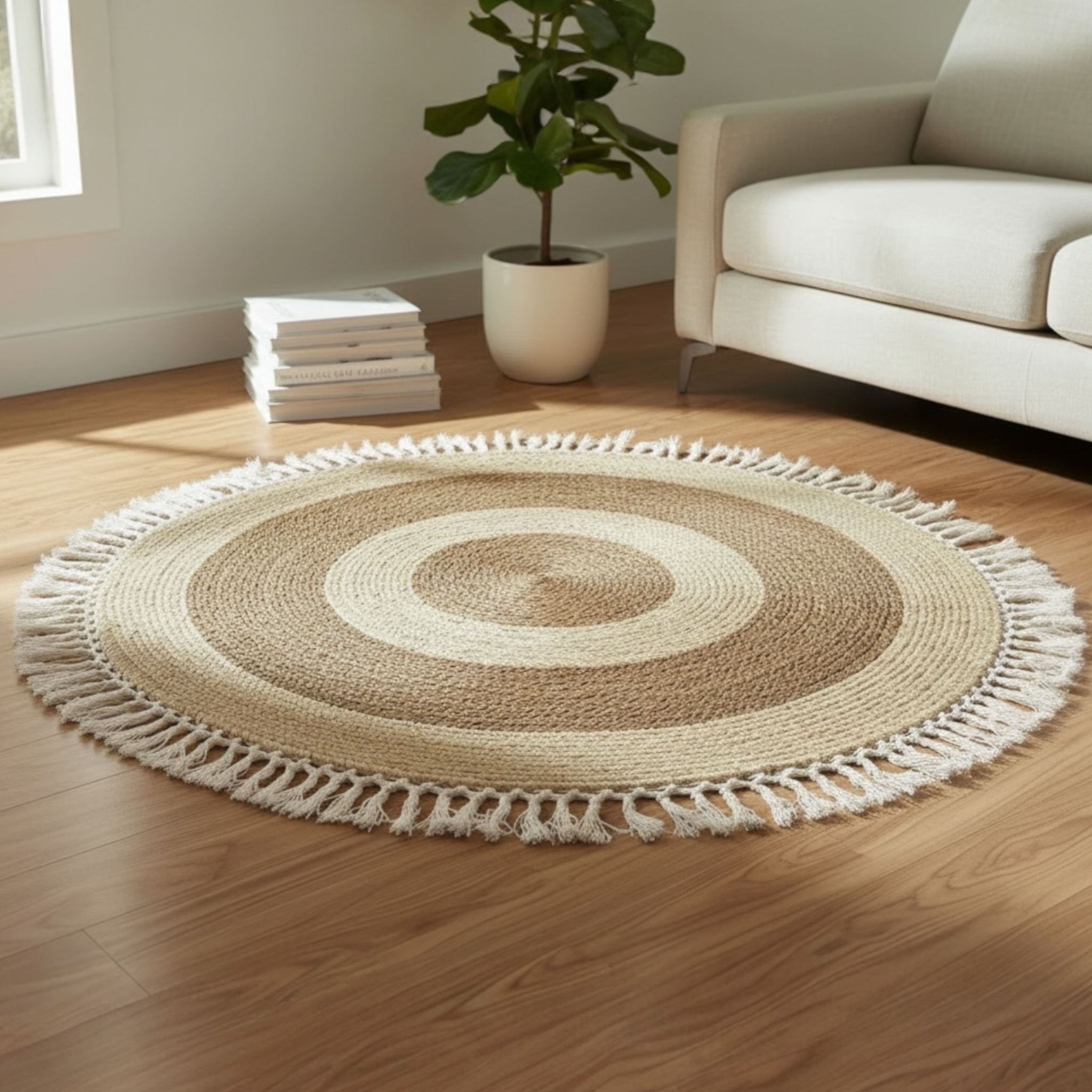Round Handwoven Jute Rug with Fringe | Natural Scandinavian Rug – Wadi Home