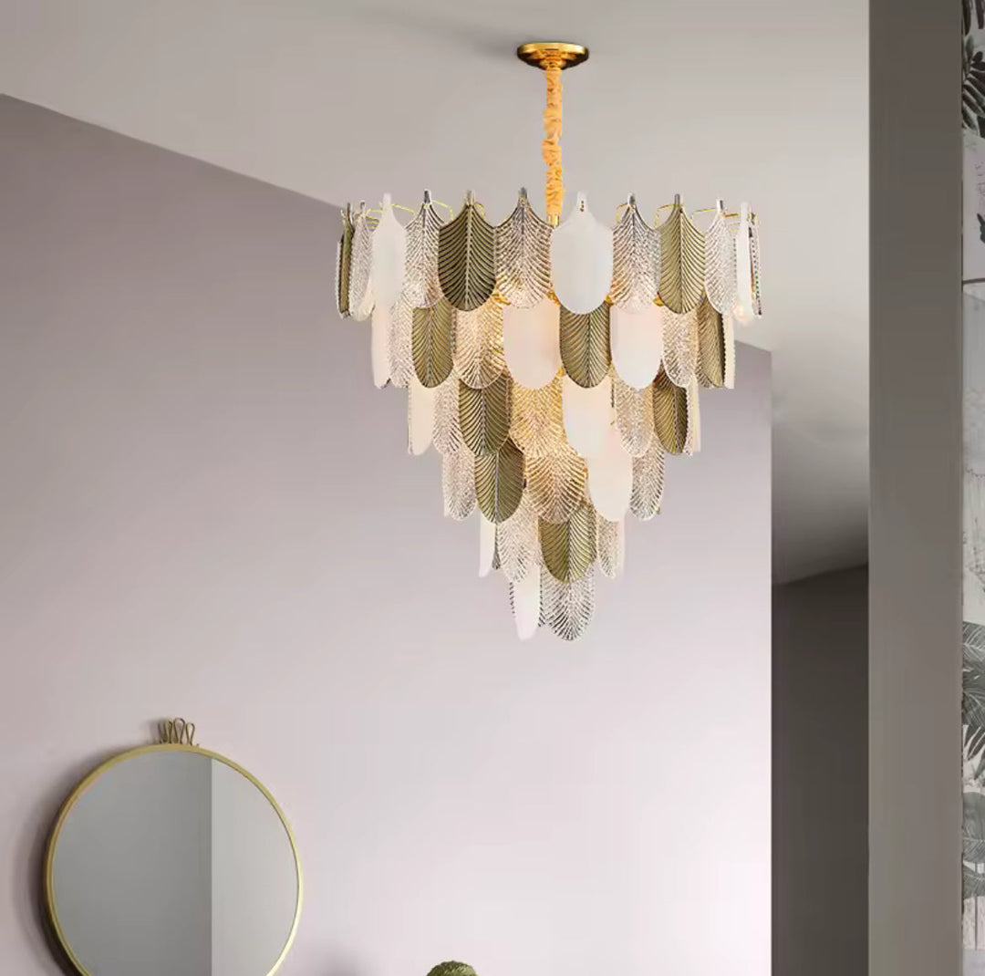 Elegant Feather Chandelier with Gold and White Finish