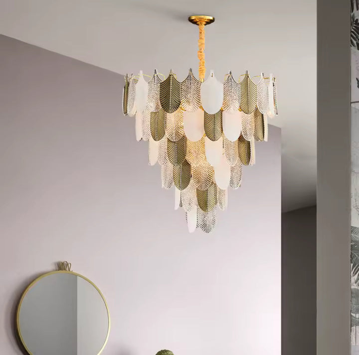Elegant Feather Chandelier with Gold and White Finish