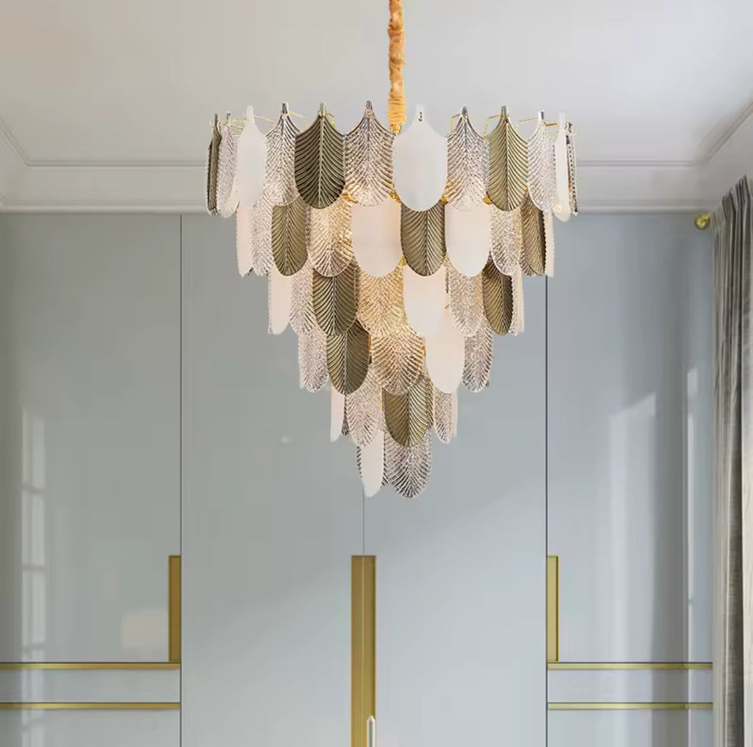Elegant Feather Chandelier with Gold and White Finish
