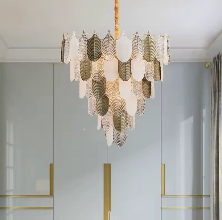 Elegant Feather Chandelier with Gold and White Finish
