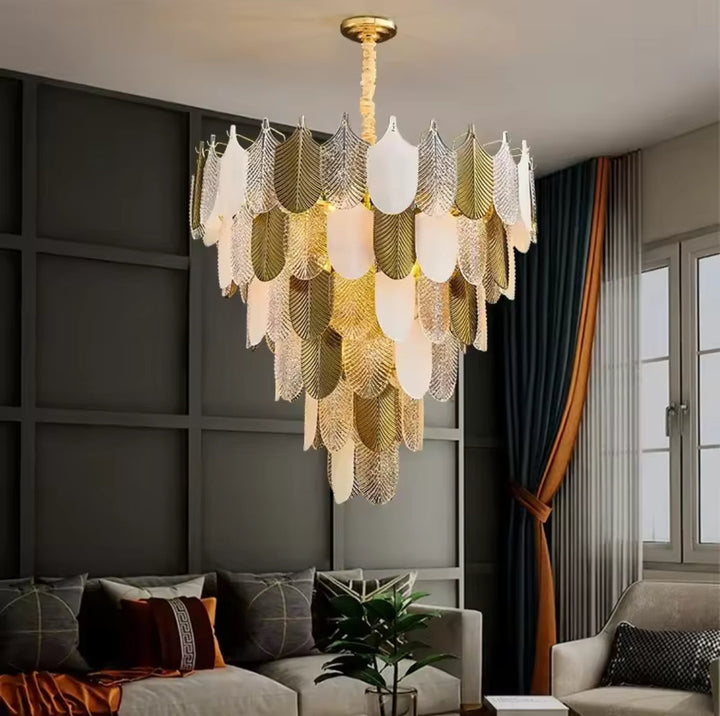 Elegant Feather Chandelier with Gold and White Finish