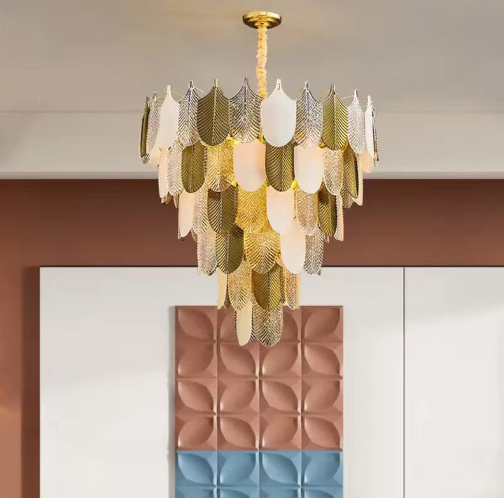 Elegant Feather Chandelier with Gold and White Finish