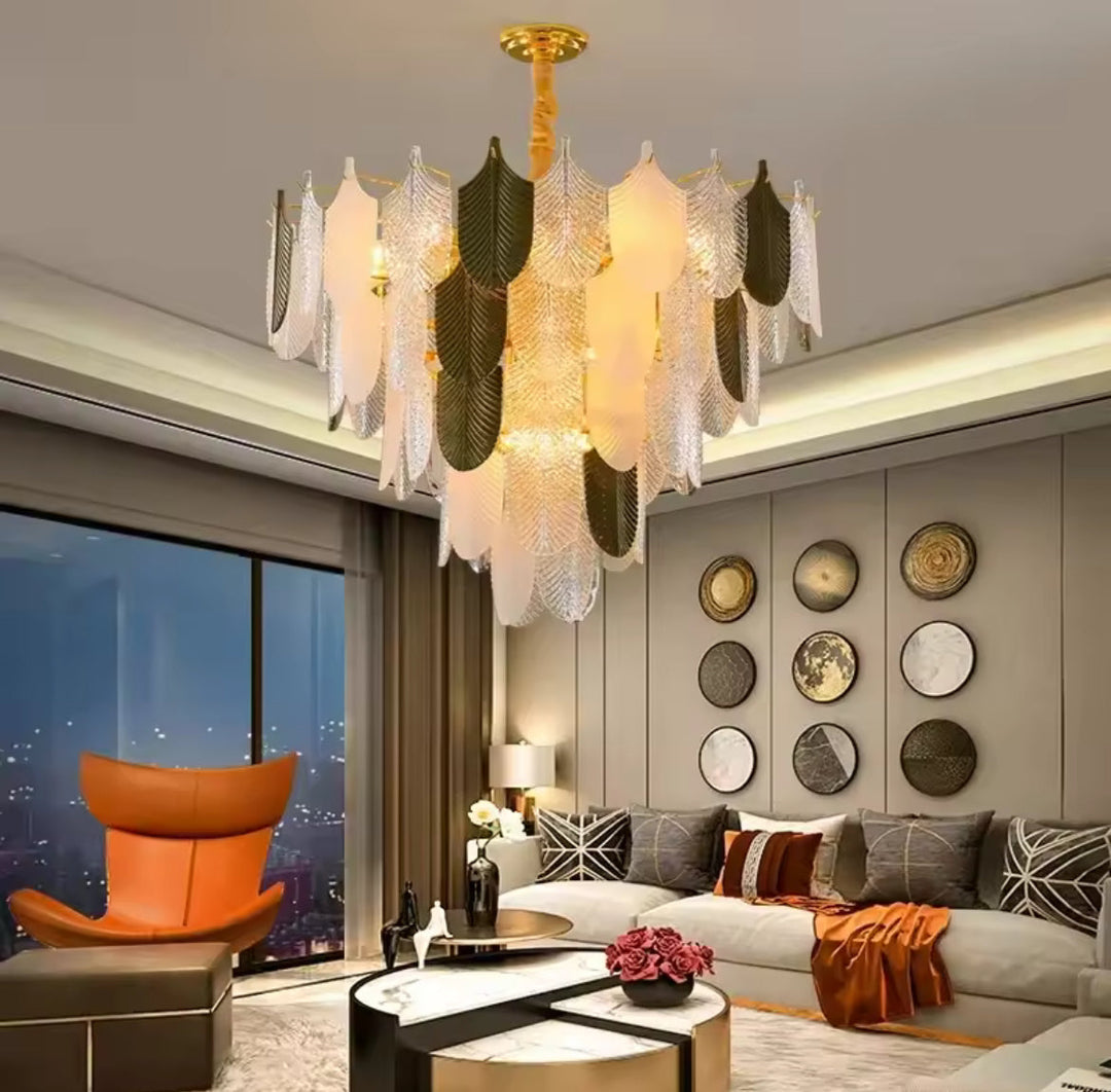 Elegant Feather Chandelier with Gold and White Finish