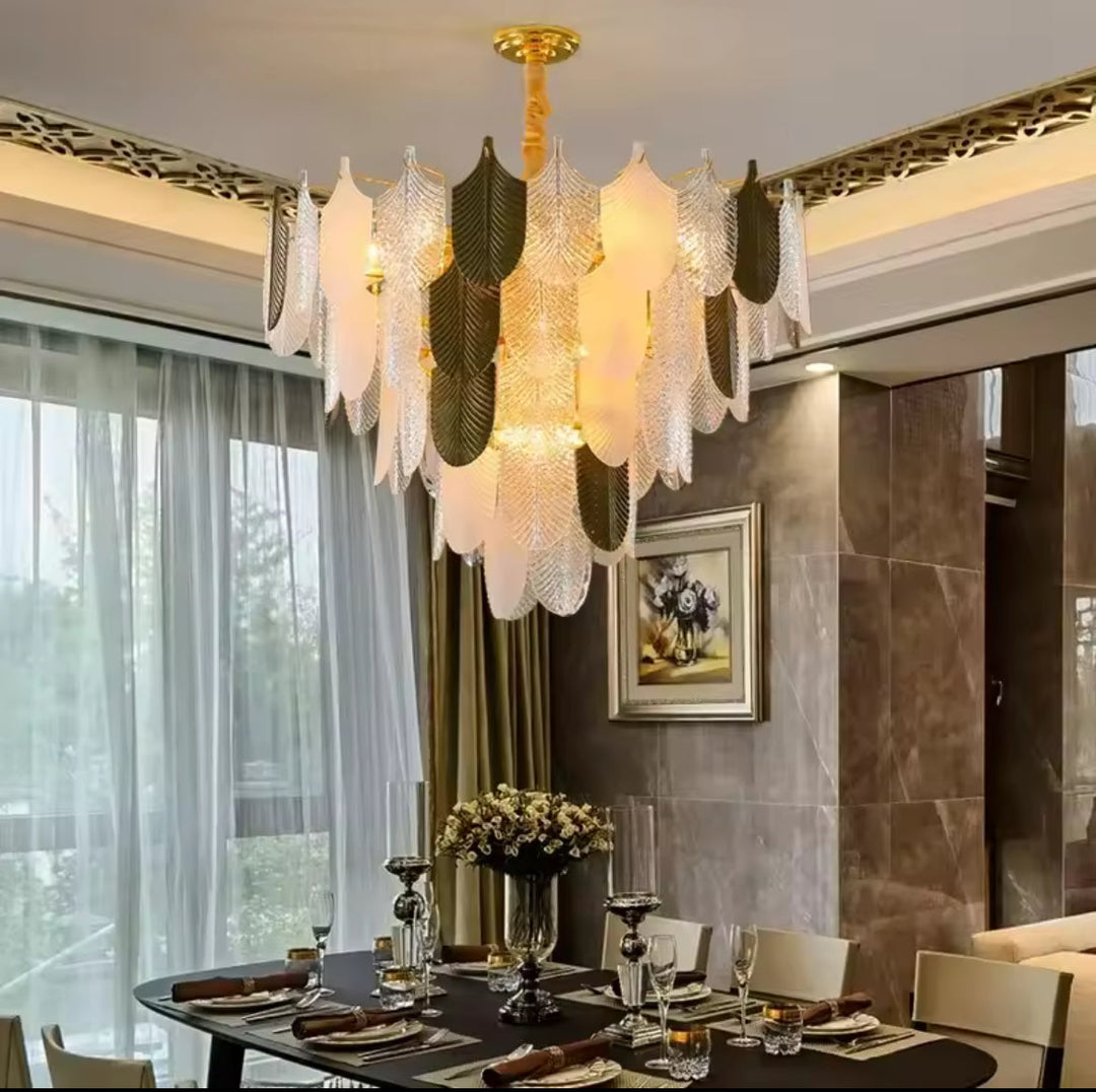 Elegant Feather Chandelier with Gold and White Finish