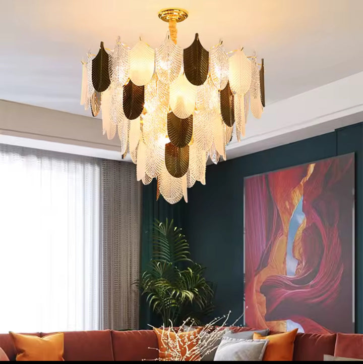 Elegant Feather Chandelier with Gold and White Finish