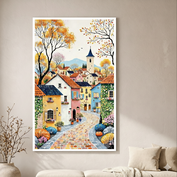 Autumn Village Street Canvas Wall Art