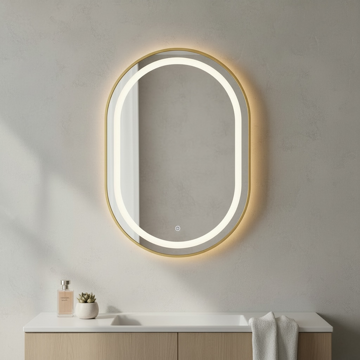 Oval LED Touch Mirror – Gold Frame (3 Light Colors)