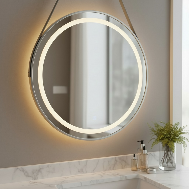 Round illuminated mirror on a wall with a marble countertop and decorative items.