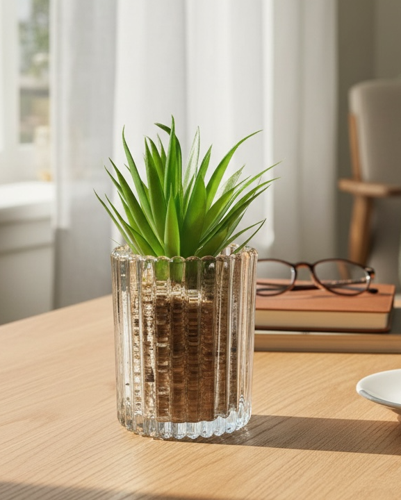 Artificial Green Succulent in Ribbed Glass Pot
