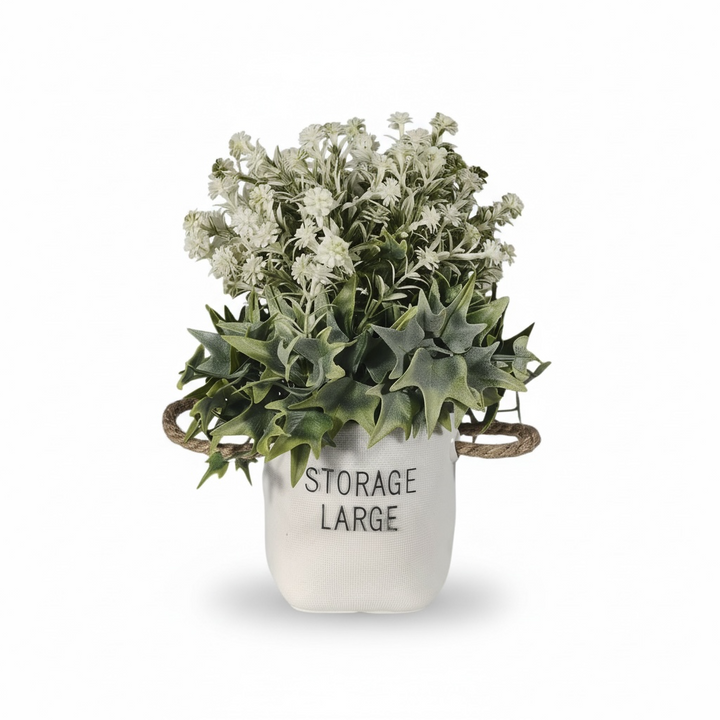 Artificial Green & White Floral Arrangement in Fabric Pot