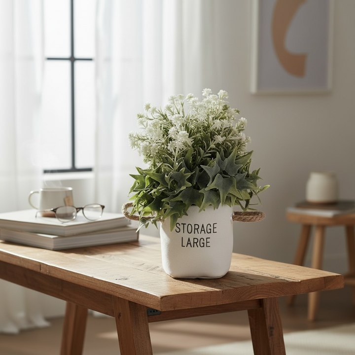 Artificial Green & White Floral Arrangement in Fabric Pot