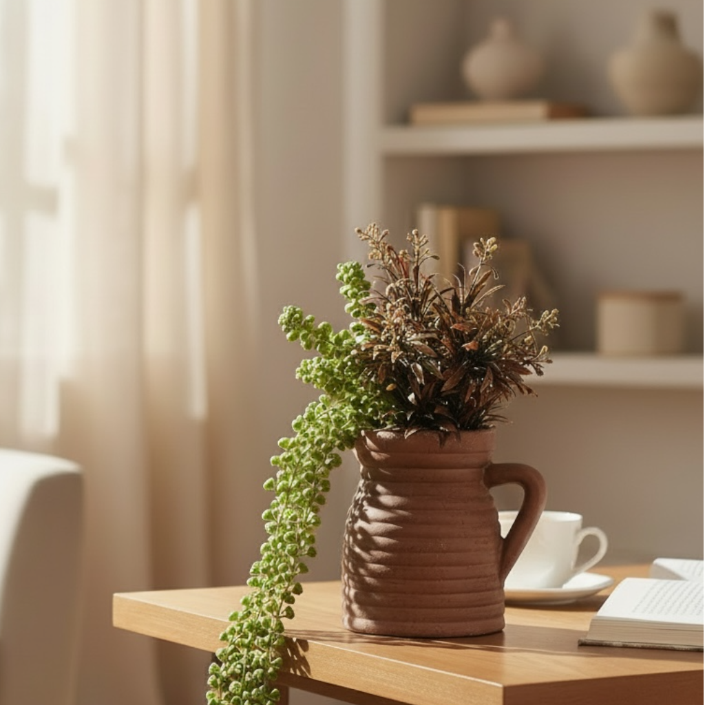 Artificial Mixed Greenery in Rustic Jug Pot