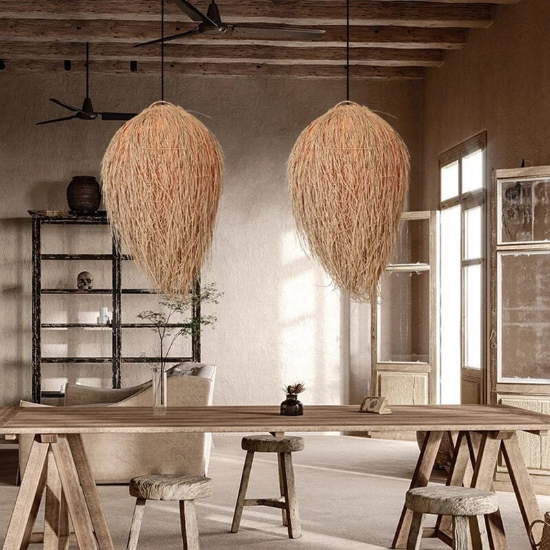 Rustic Pendant Light with Woven Natural Fiber Shade