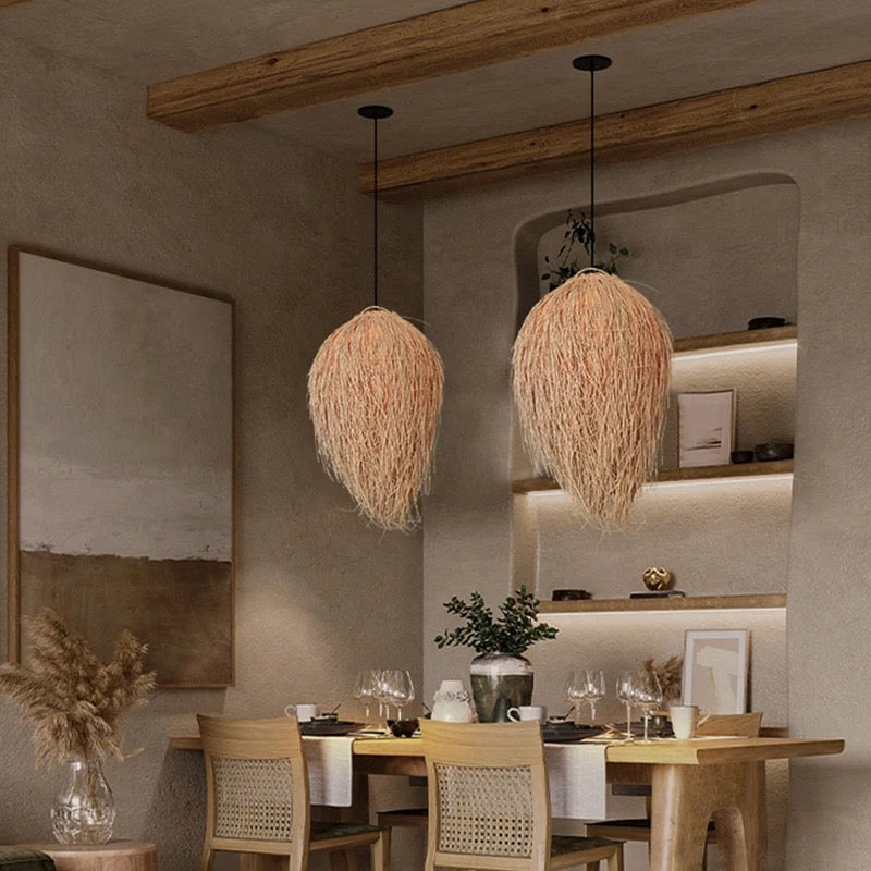 Rustic Pendant Light with Woven Natural Fiber Shade