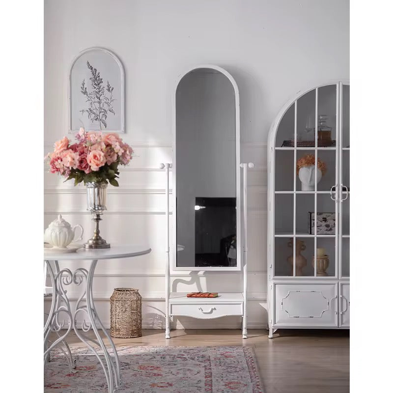 Vintage White Standing Mirror with Drawer