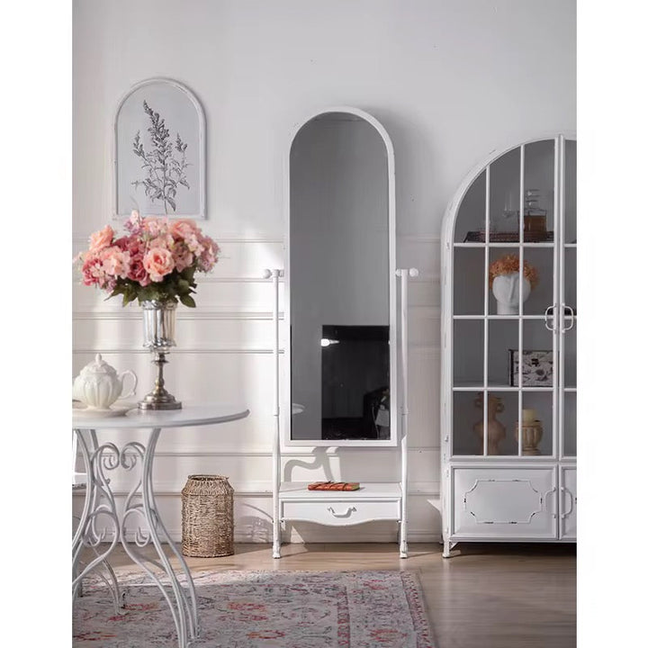 Vintage White Standing Mirror with Drawer
