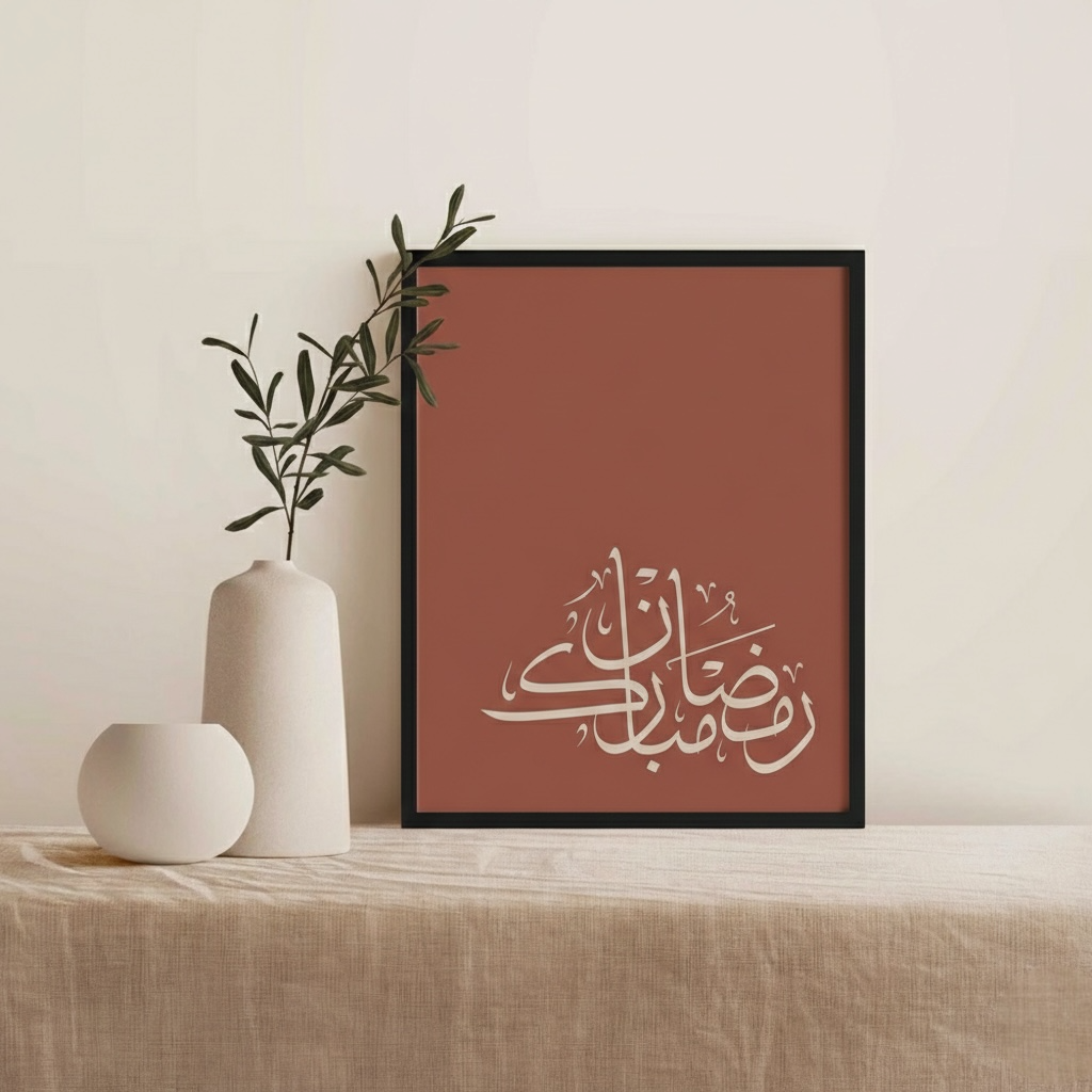 Framed Arabic calligraphy on a rust-colored background with decorative vases and a plant.