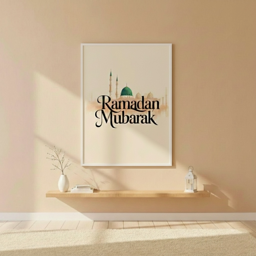 Wall art with 'Ramadan Mubarak' text and mosque illustration on a beige wall.
