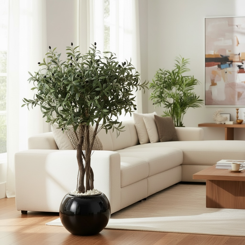 Living room with a white sofa, potted plant, and wooden coffee table.