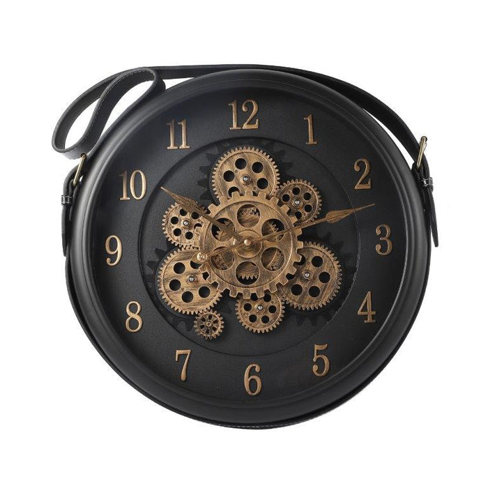 Black and Gold Gear Wall Clock with Strap Hanger