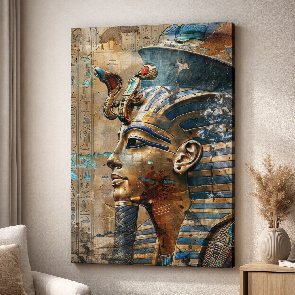 Ancient Egyptian Pharaoh Mask canvas art with ornate headdress and golden tones on premium canvas