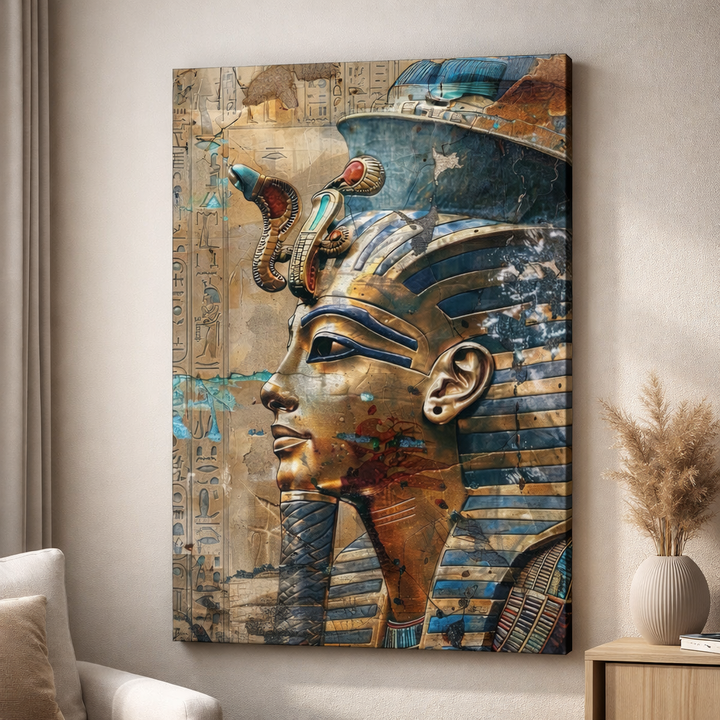 Ancient Egyptian Pharaoh Mask canvas art with ornate headdress and golden tones on premium canvas
