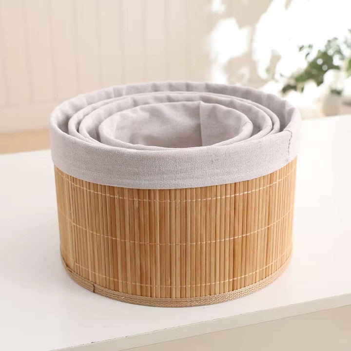 Set of 3 round bamboo storage baskets with fabric lining for home organization