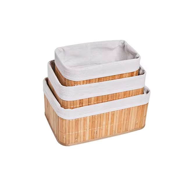 Set of 3 bamboo storage baskets with fabric lining for home organization