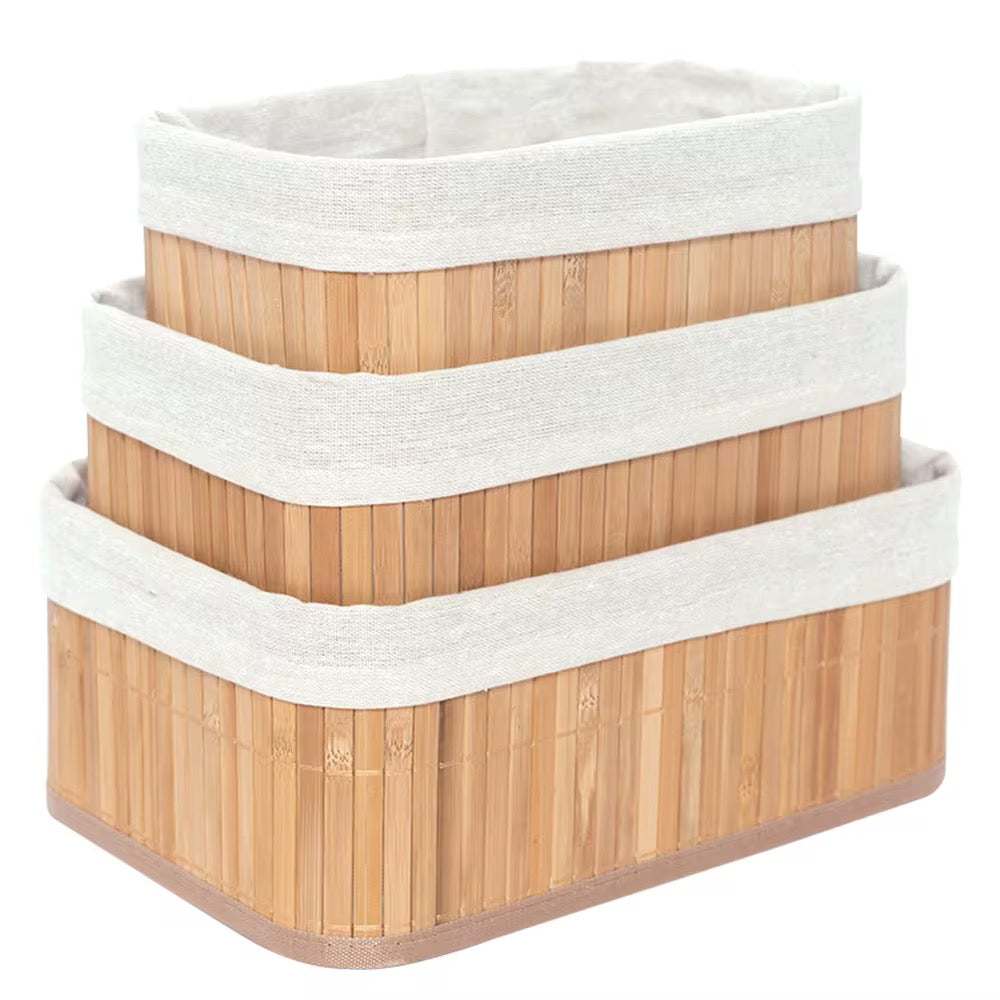 Bamboo Storage Basket Set of 3 with Fabric Lining