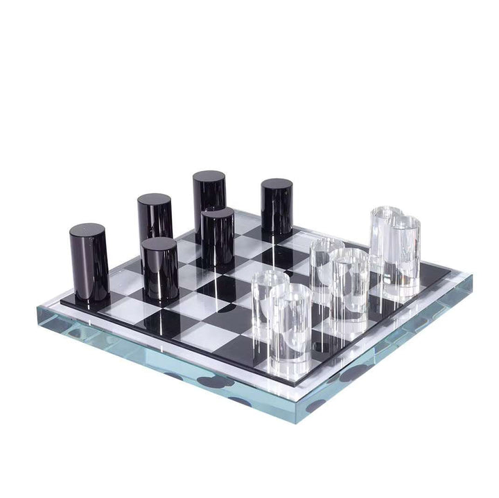 Modern acrylic chess board set with transparent design and black and clear pieces