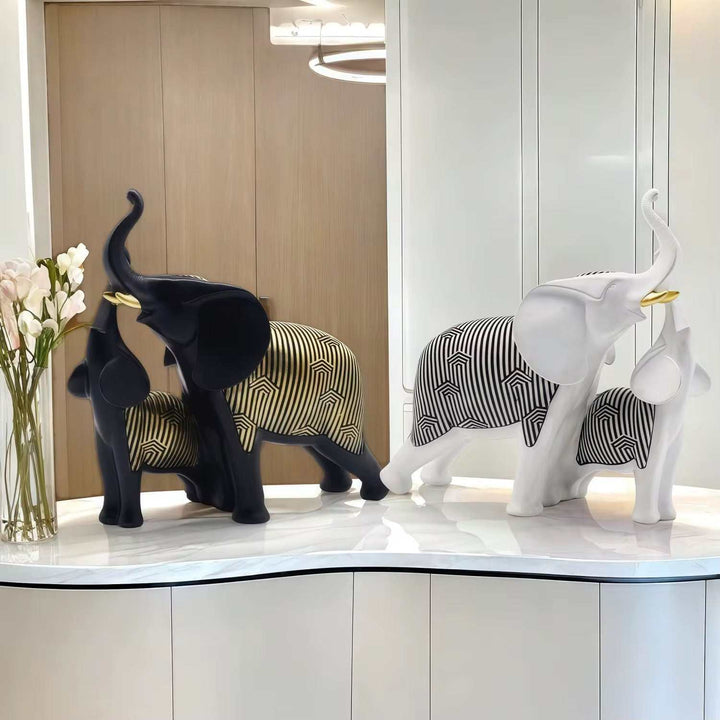 Modern Elephant Sculpture set with black and white geometric patterned elephant figures for elegant home decor