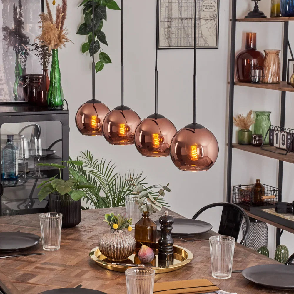 Modern Amber Glass Globe Pendant Light - Four Cluster