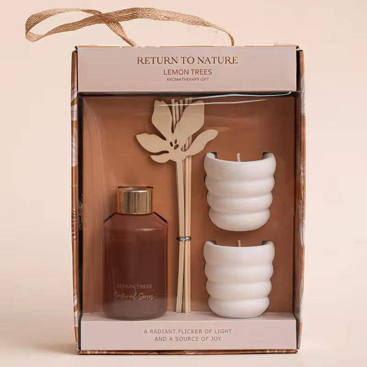 Lemon aromatherapy candle and diffuser gift set with white sculpted candles in premium box