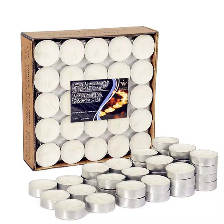 Set of 100 unscented tea light candles in aluminum cups for versatile indoor and outdoor use