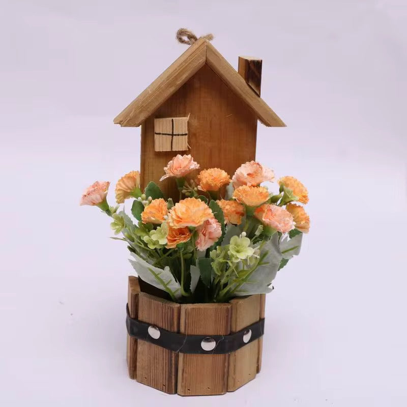 Rustic Wooden House Flower Pot Décor