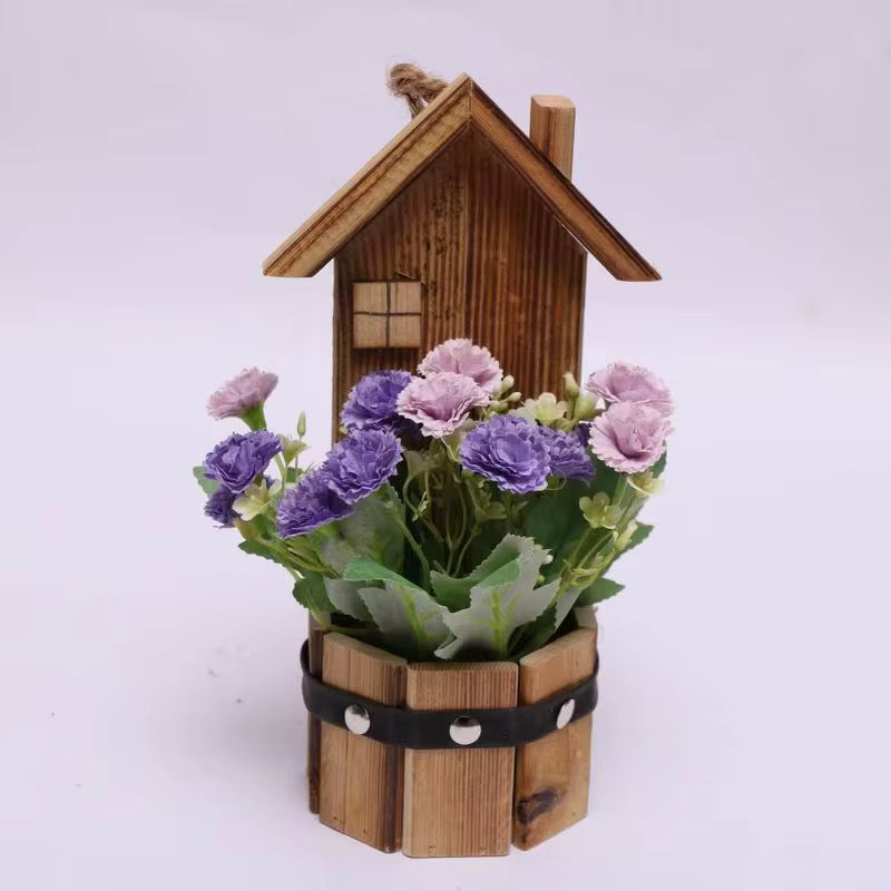 Rustic Wooden House Flower Pot Décor